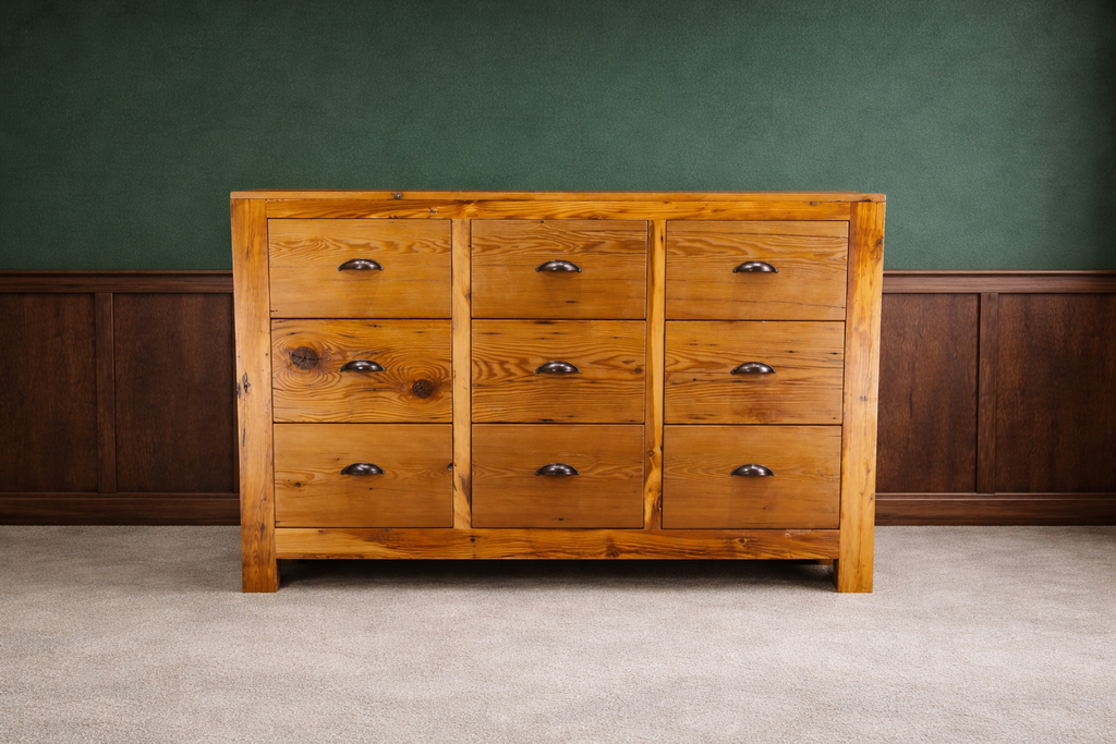 handcrafted reclaimed pine 9-drawer dresser - full front view