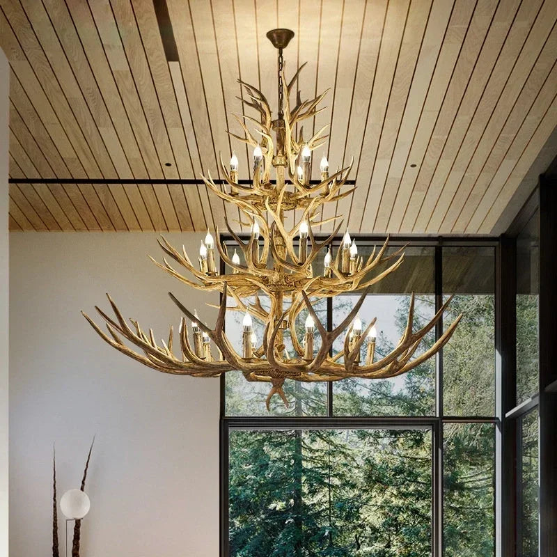 DecorBites™ Antler Deer Chandelier: Rustic Resin Hanging Lamp for Living Room & Loft