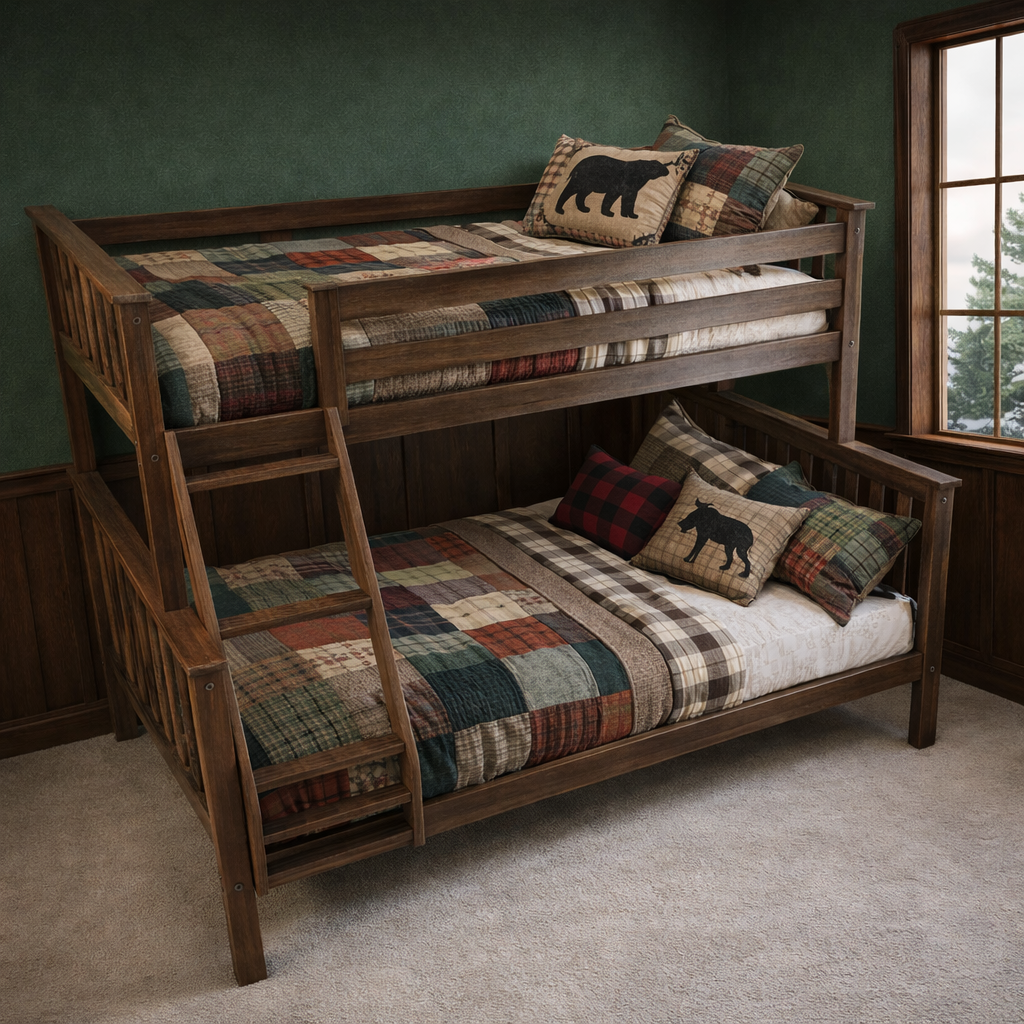 Solid Pine Twin-Over-Full Bunk Bed – Walnut Brown Finish
