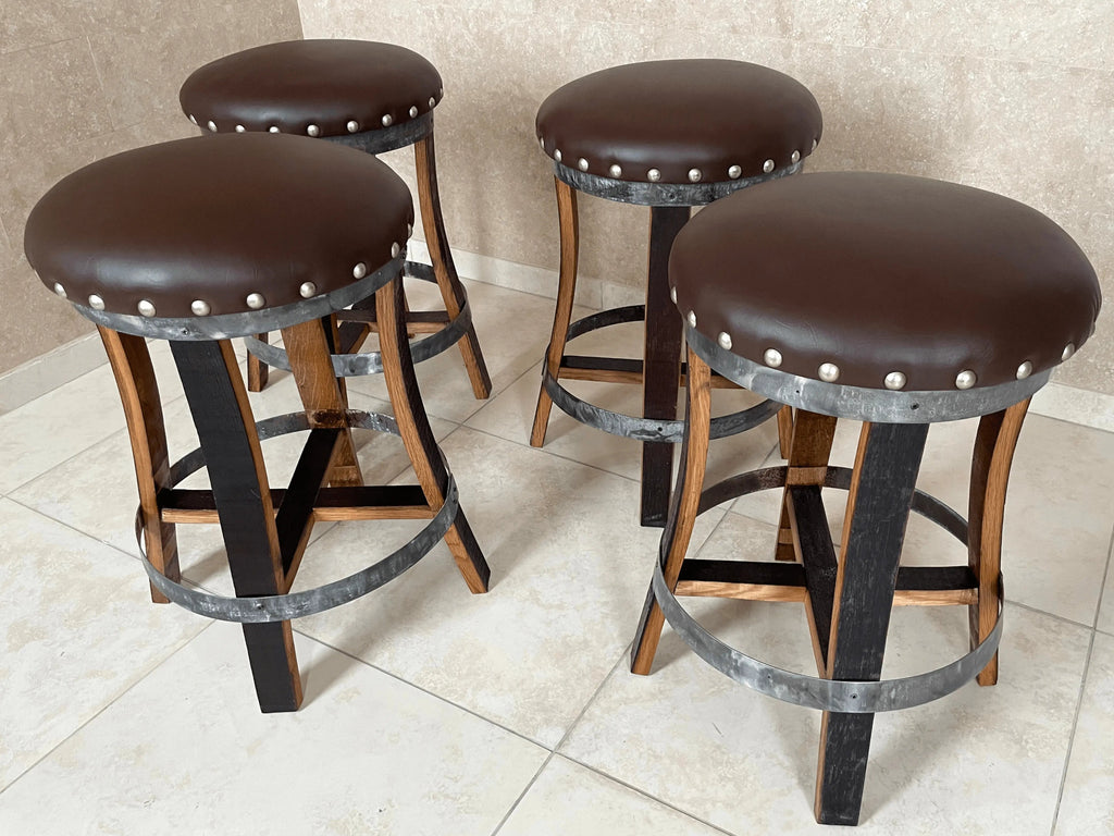 Brown Oak Barrel Bar Stool - Memory Foam Upholstery - Whiskey Barrel Stave Pub Stool - Counter Height - Handmade Wine Barrel Chair