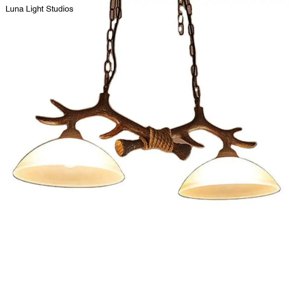 DecorBites™ Beige Glass Dark Coffee Pendant Light with Antler Decor - Restaurant Hanging Island Light (2 Heads)