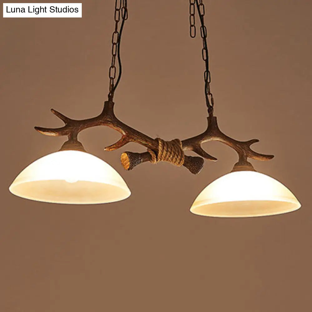 DecorBites™ Beige Glass Dark Coffee Pendant Light with Antler Decor - Restaurant Hanging Island Light (2 Heads)