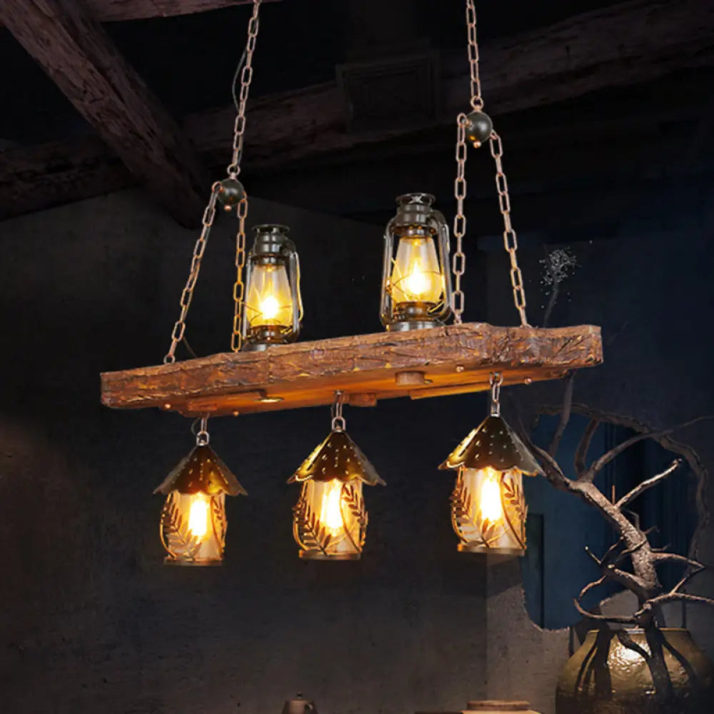 DecorBites™ Black Wood Lantern Island Ceiling Light with 5 Lights, Clear Glass Shade - Ideal for Restaurants and Warehouses