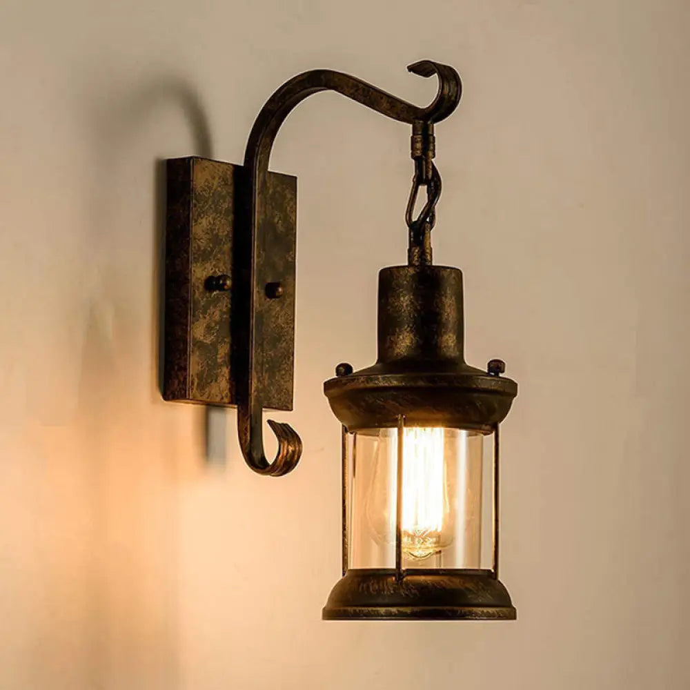 Coastal Glass Lantern Wall Sconce Light Fixture - Dining Room Lighting with Curved Arm