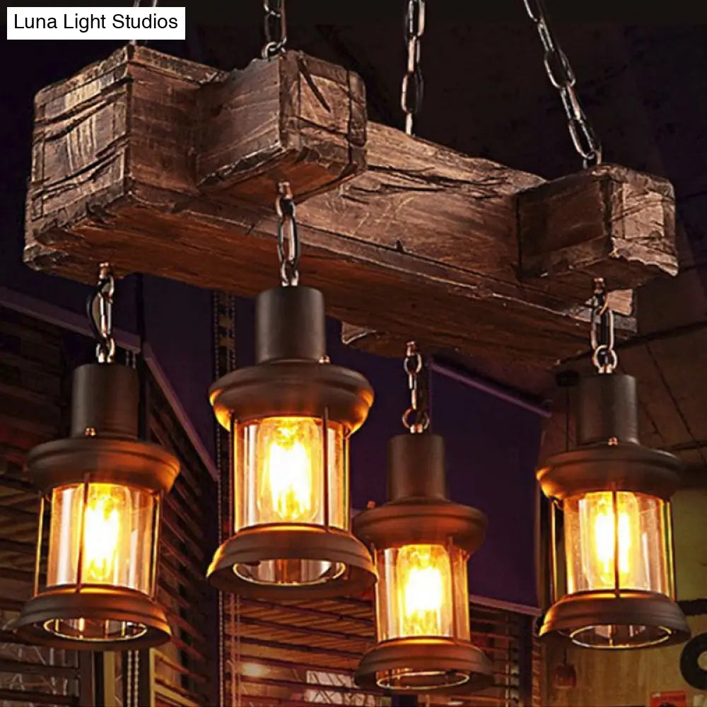 DecorBites™ Coastal Lantern Clear Glass Pendant 4-Light Island Light Fixture in Brown with Wood Accents