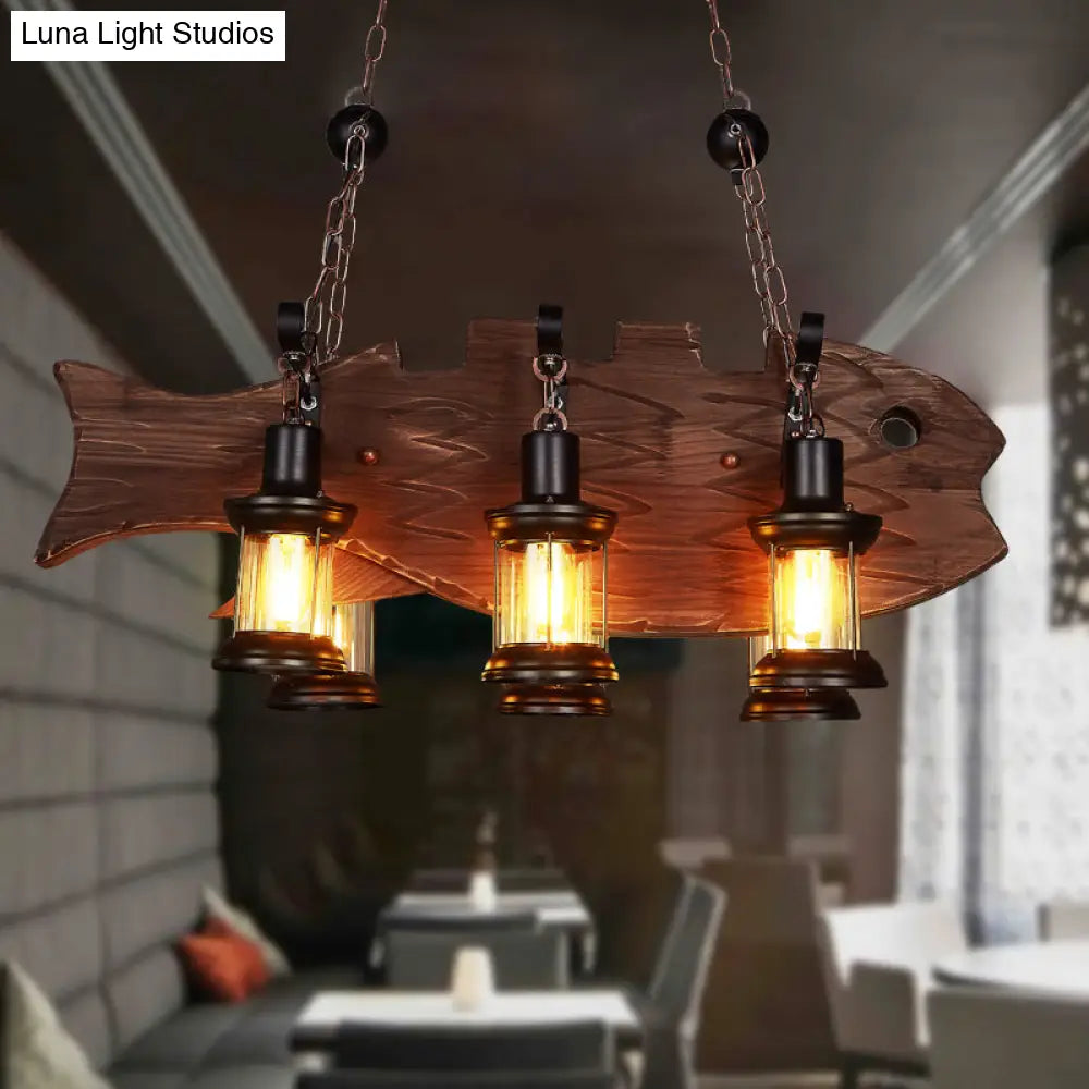 DecorBites™ Country Style 6-Bulb Glass Lantern Island Pendant Light with Wooden Fish Deco