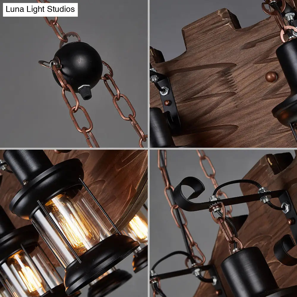 DecorBites™ Country Style 6-Bulb Glass Lantern Island Pendant Light with Wooden Fish Deco