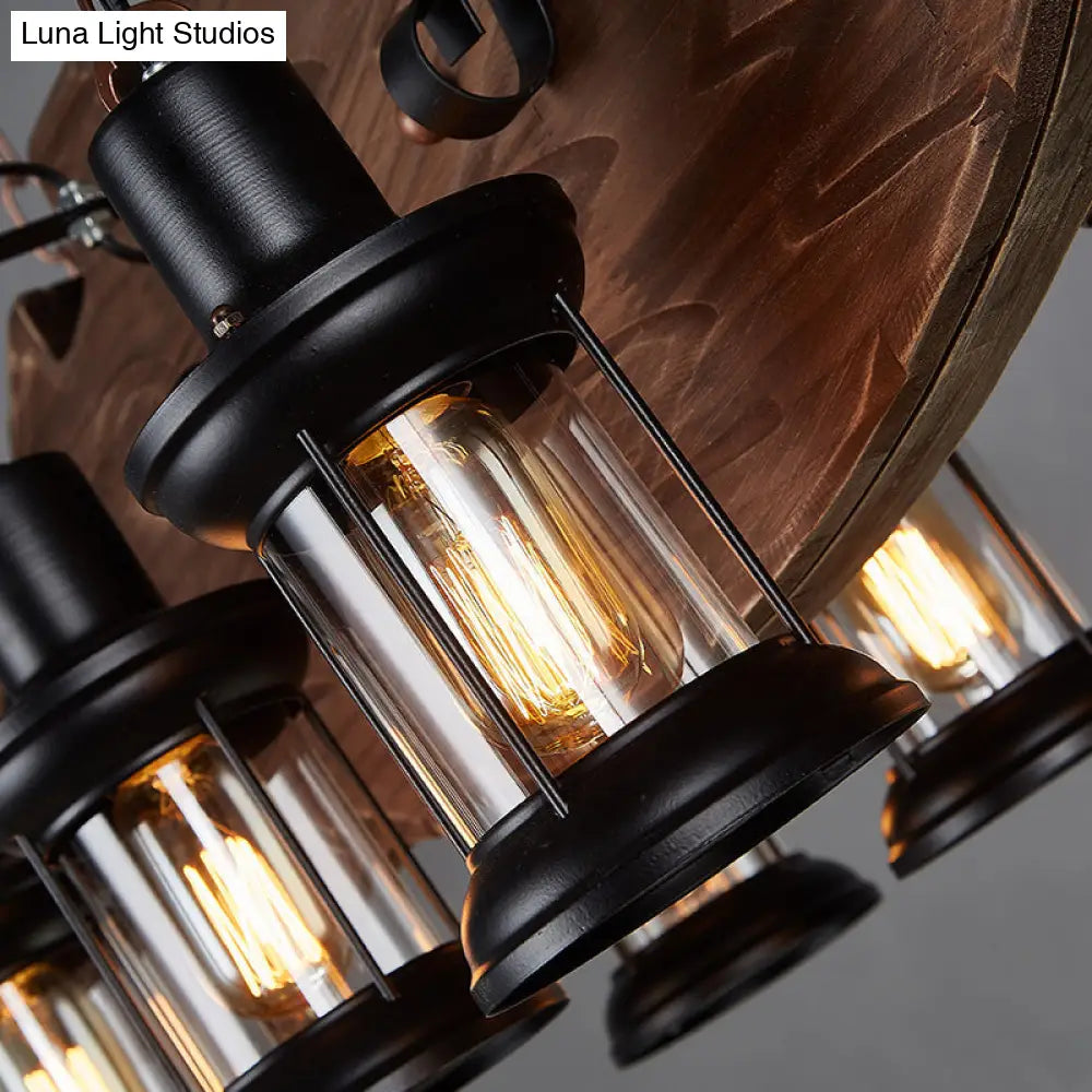 DecorBites™ Country Style 6-Bulb Glass Lantern Island Pendant Light with Wooden Fish Deco