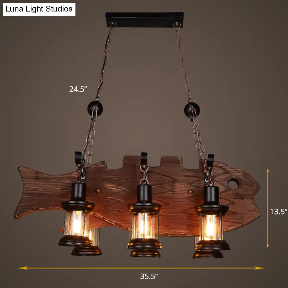 DecorBites™ Country Style 6-Bulb Glass Lantern Island Pendant Light with Wooden Fish Deco