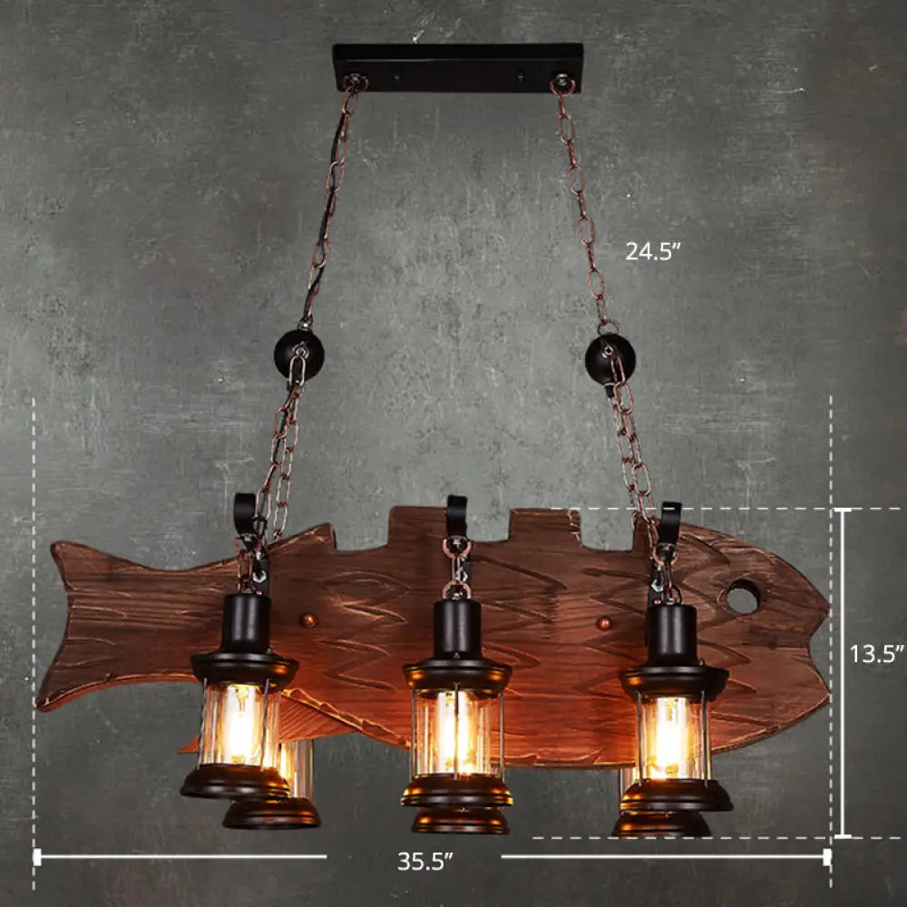 DecorBites™ Country Style 6-Bulb Glass Lantern Island Pendant Light with Wooden Fish Deco