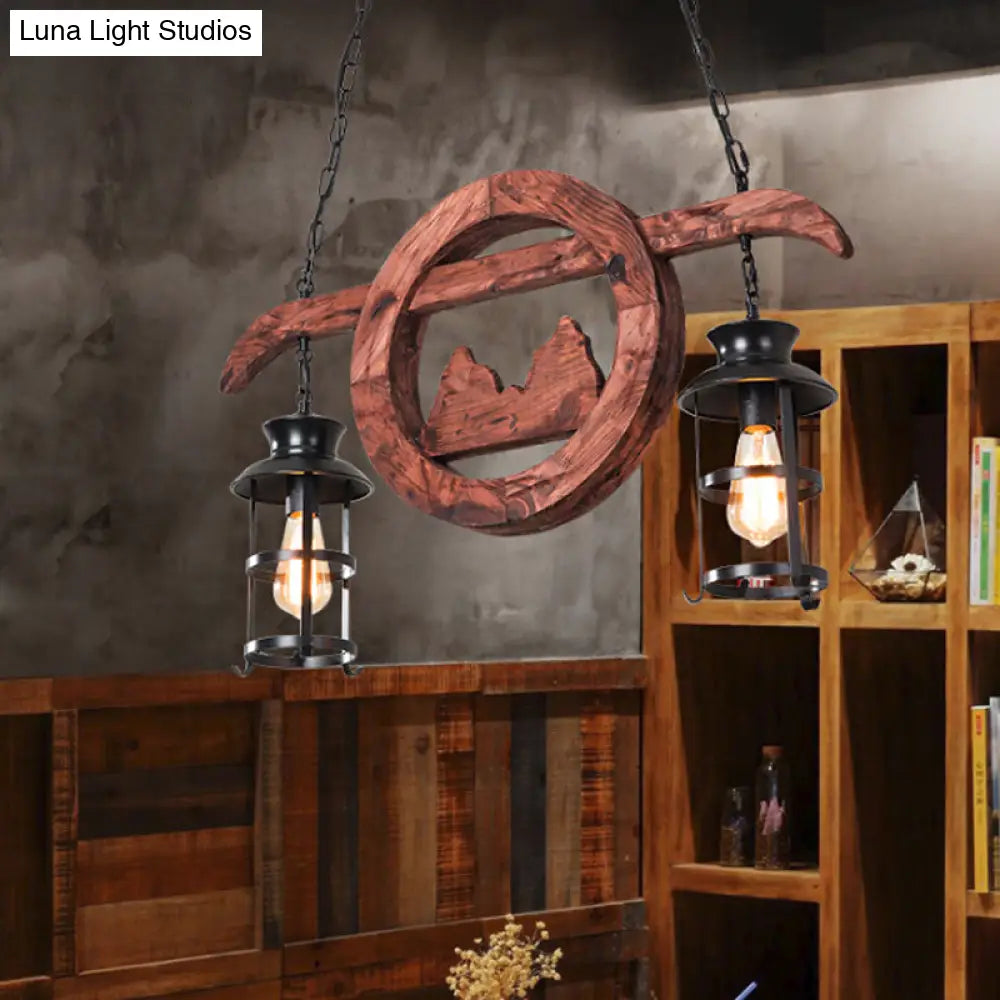 DecorBites™ Farmhouse Brown Lantern Pendant Lamp with Clear Glass and Multiple Wood Arm Designs - Island Light with 2/6/8 Lights