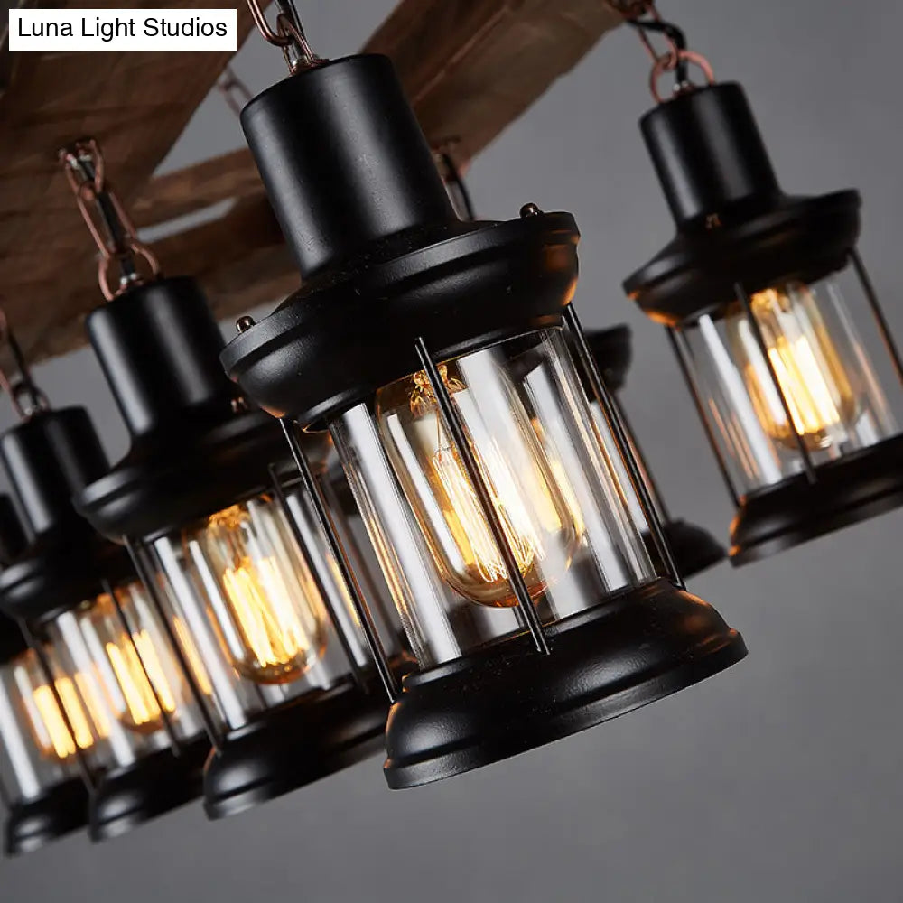 DecorBites™ Farmhouse Clear Glass Lantern Island Lighting Fixture with 8 Wood Lights