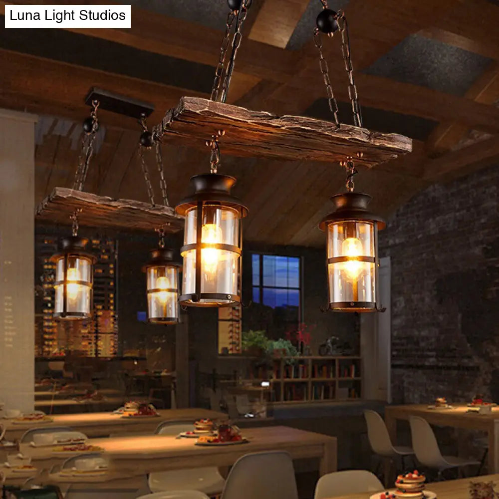 DecorBites™ Industrial Lantern Pendant Light with Clear Glass, Wood Decoration, and Cage Design - 2/3 Lights - Black