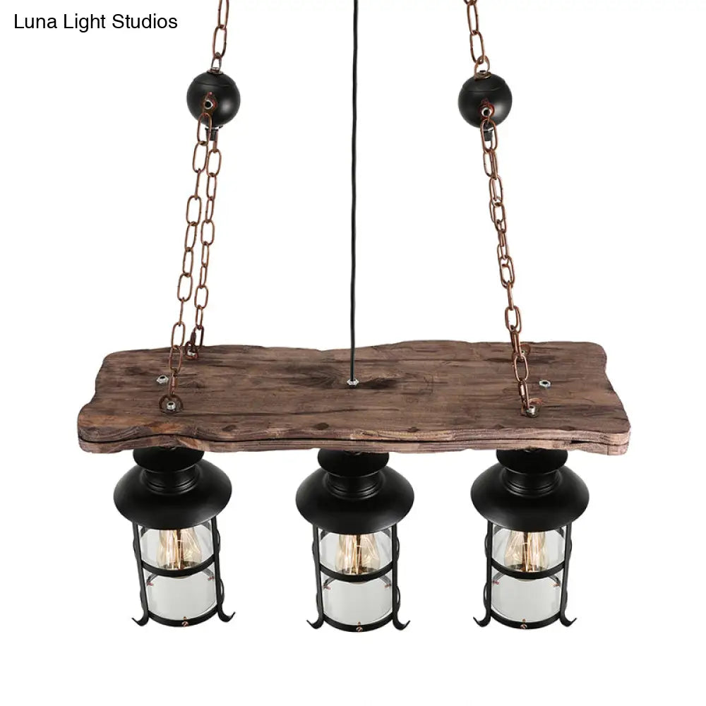 DecorBites™ Industrial Lantern Pendant Light with Clear Glass, Wood Decoration, and Cage Design - 2/3 Lights - Black