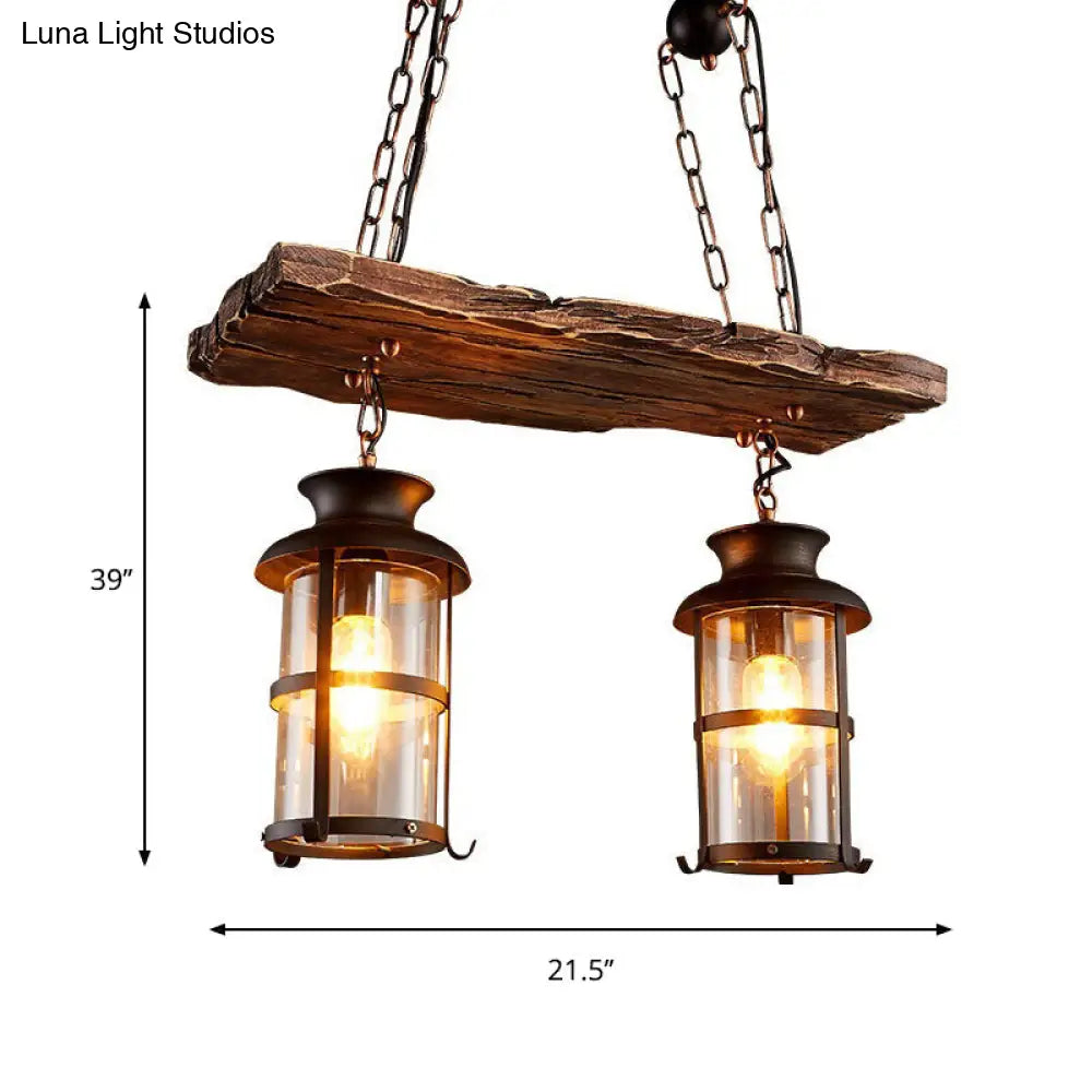 DecorBites™ Industrial Lantern Pendant Light with Clear Glass, Wood Decoration, and Cage Design - 2/3 Lights - Black
