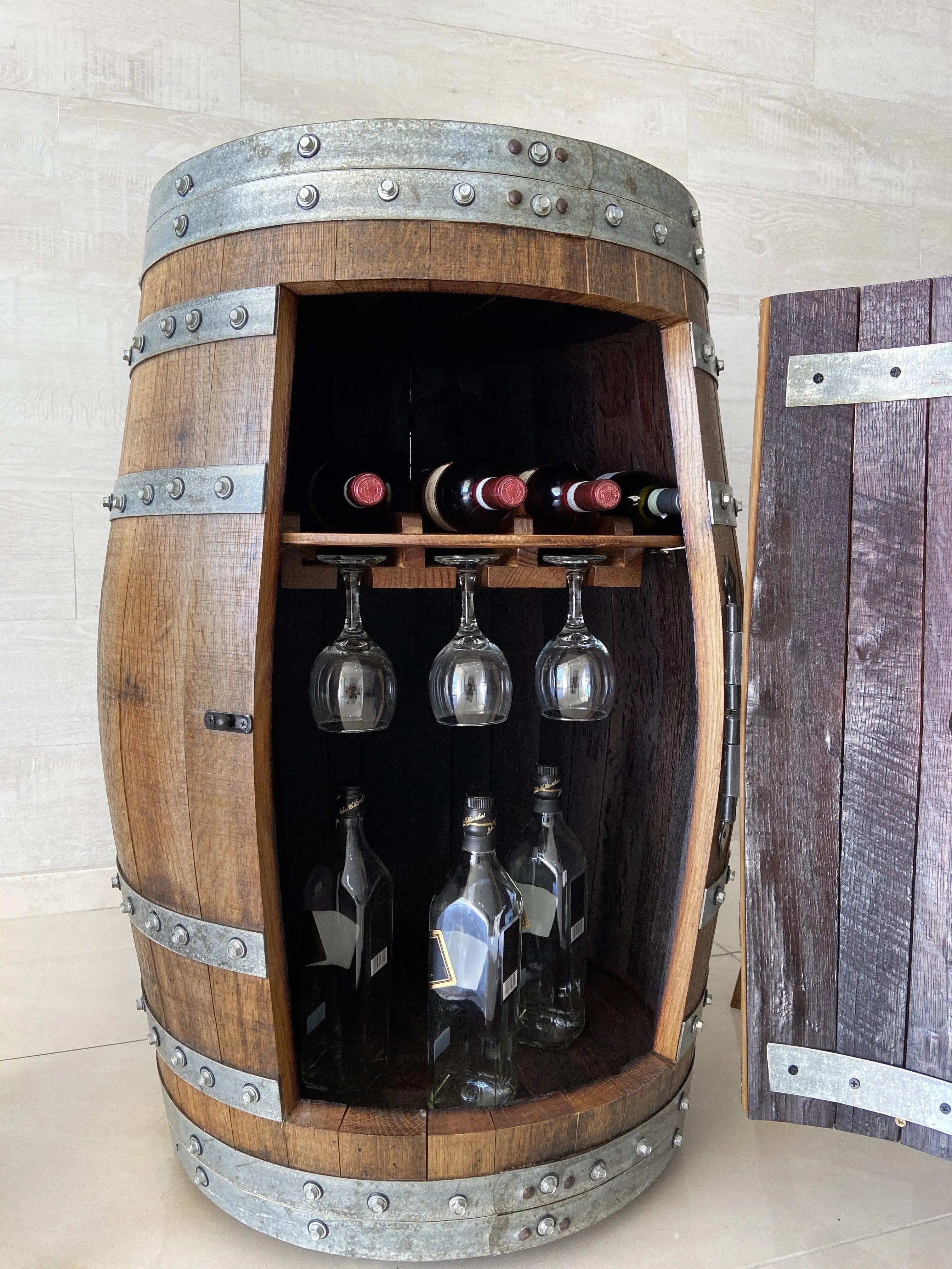 Luxury Wine Barrel Bar Set w/ Pub Table & Wine Barrel Bar Stools - Multi-Use Wine and Whiskey Home Bar Furniture