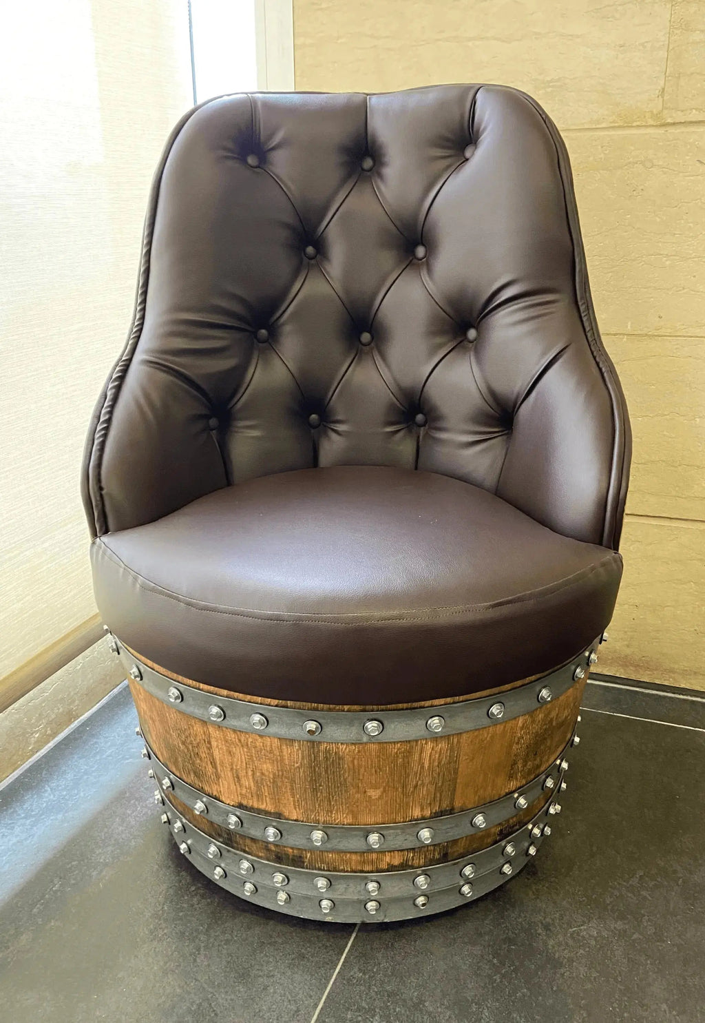 Luxury Captain Barrel Chair, Handmade Wine and Whiskey Barrel Chair, Hidden Storage, Memory Foam Upholstery, Movable On Casters