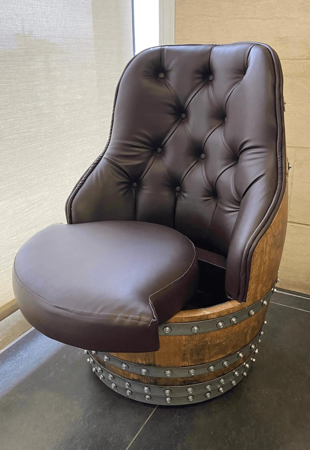 Luxury Captain Barrel Chair, Handmade Wine and Whiskey Barrel Chair, Hidden Storage, Memory Foam Upholstery, Movable On Casters