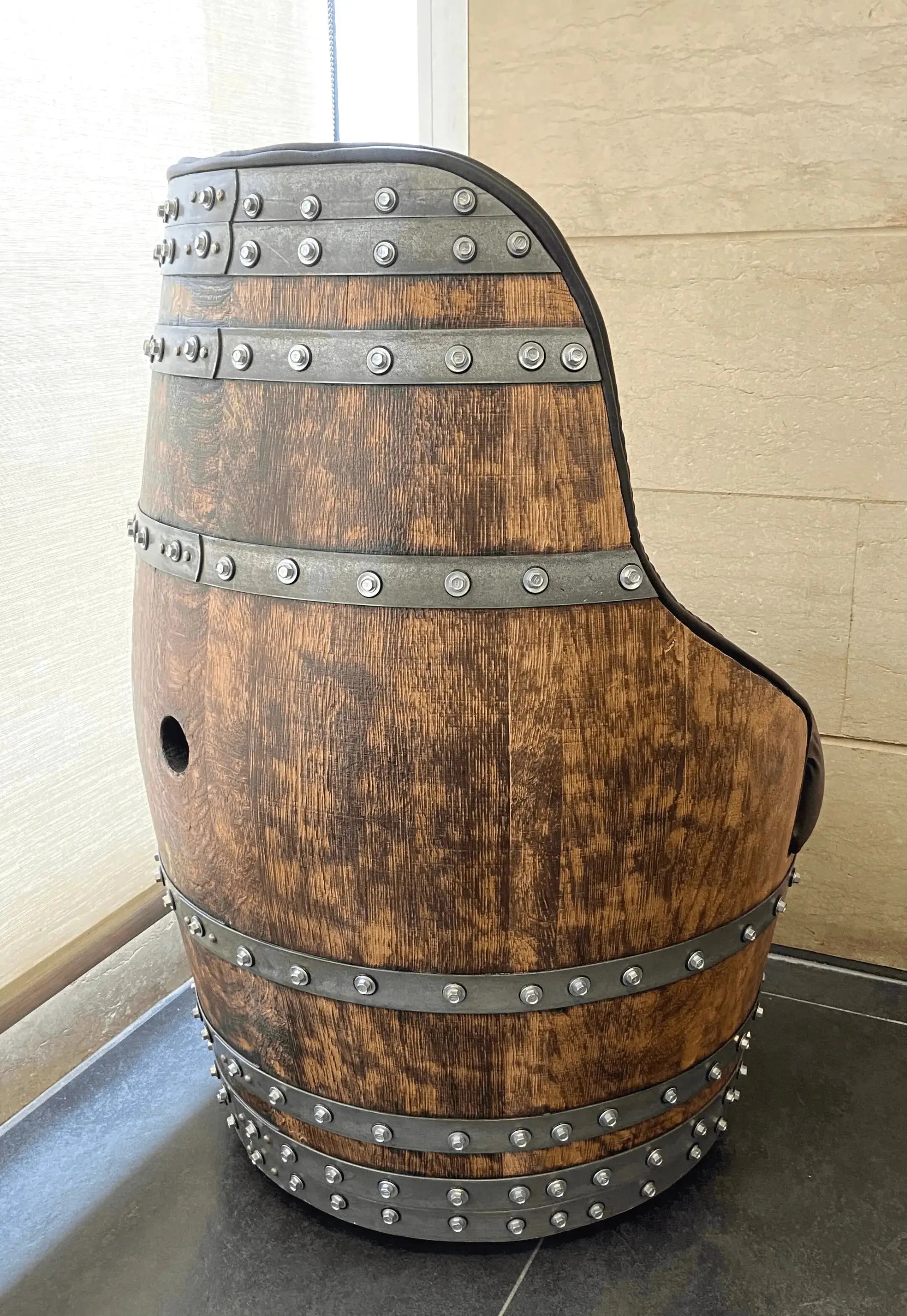Luxury Captain Barrel Chair, Handmade Wine and Whiskey Barrel Chair, Hidden Storage, Memory Foam Upholstery, Movable On Casters