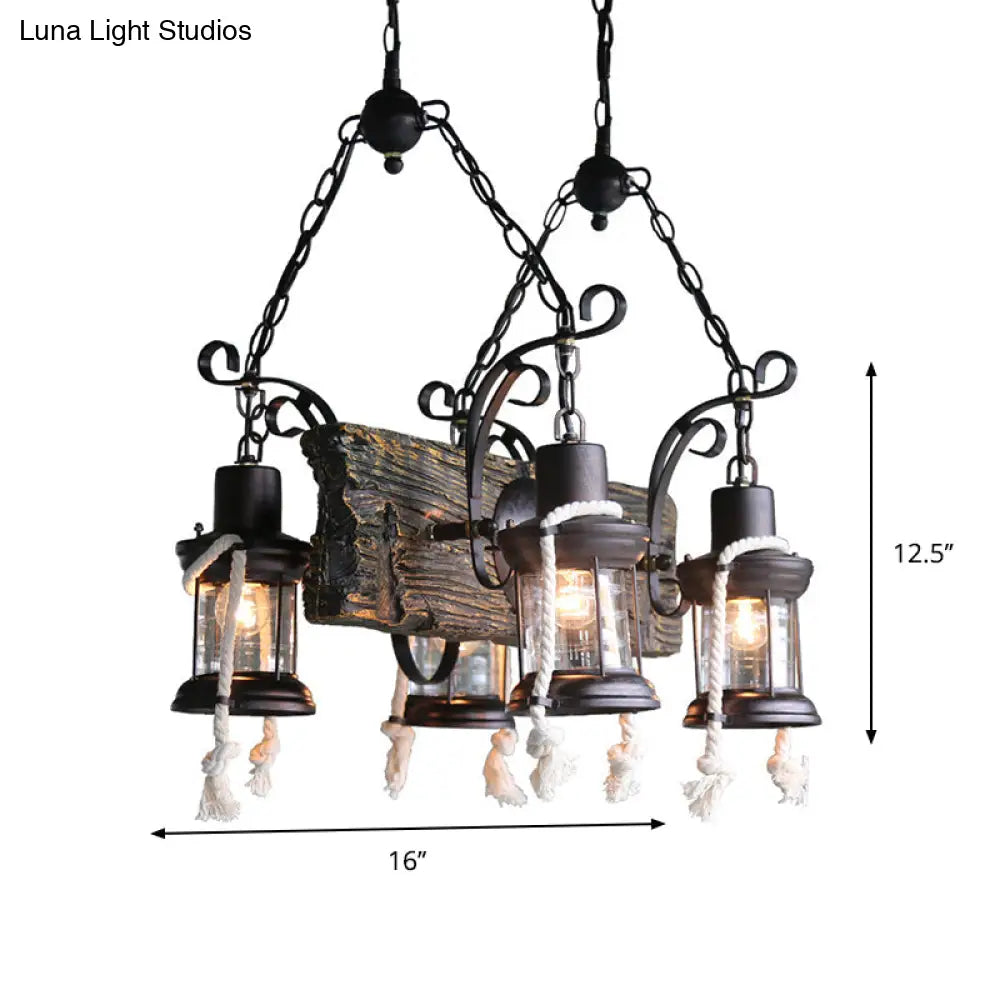 DecorBites™ Nautical Wood Board Black Island Lamp - 4-Light Linear Suspension Lighting with Lantern and Hemp Rope