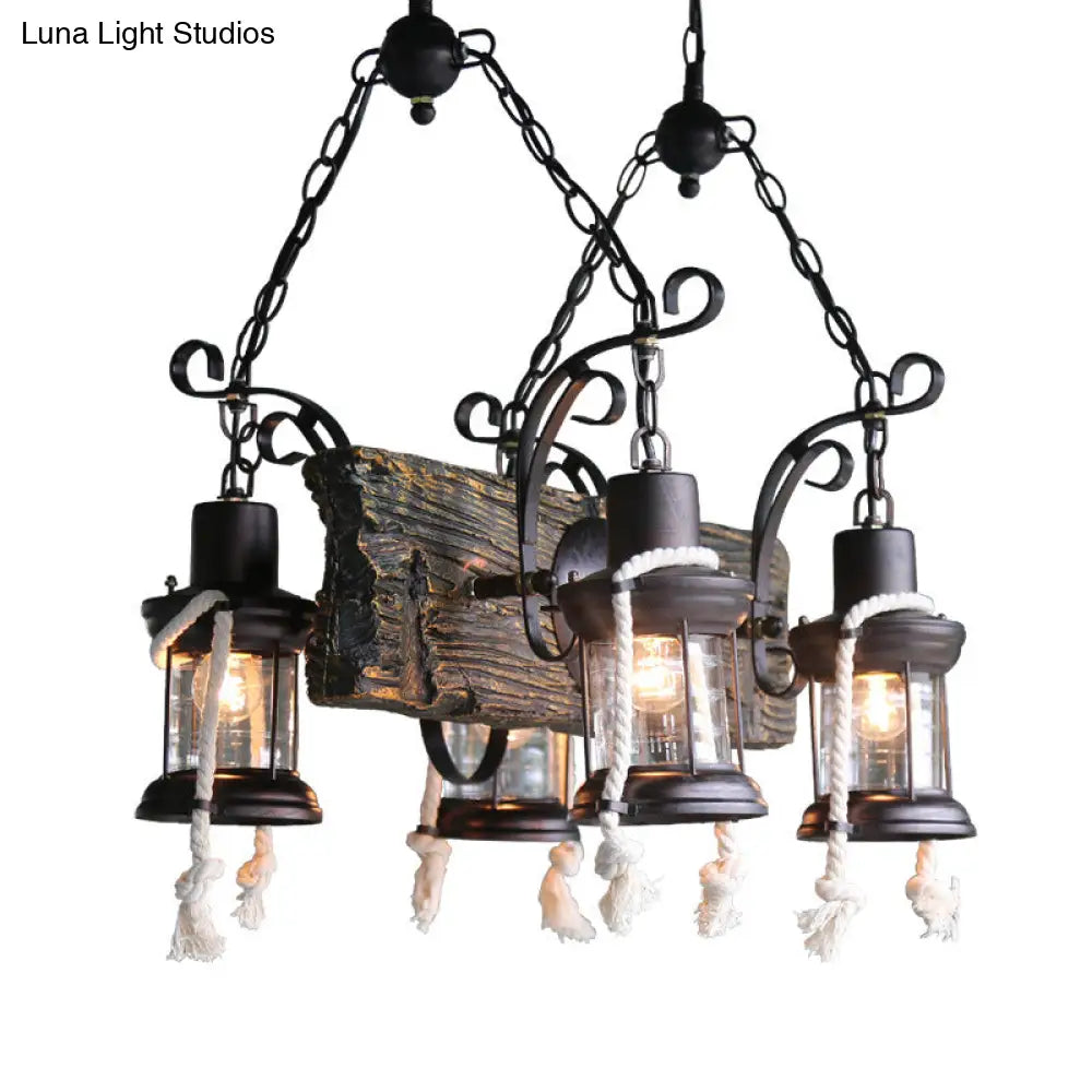 DecorBites™ Nautical Wood Board Black Island Lamp - 4-Light Linear Suspension Lighting with Lantern and Hemp Rope