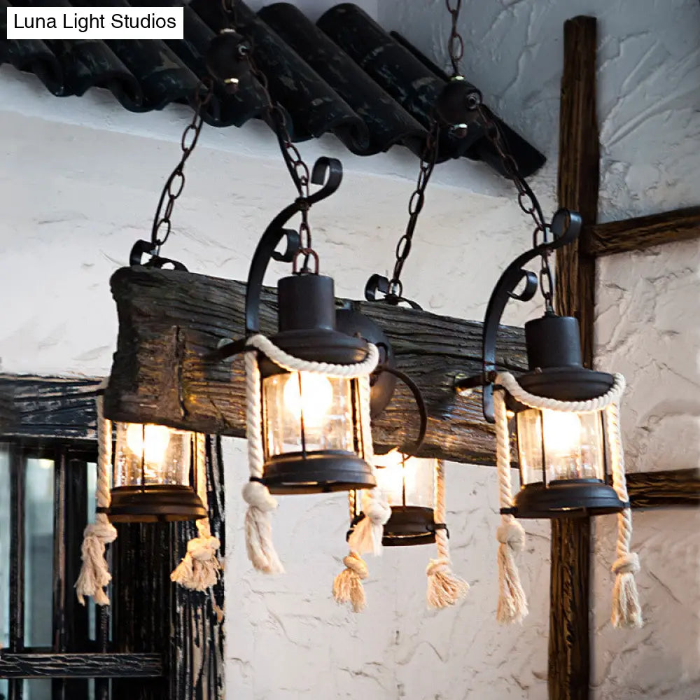 DecorBites™ Nautical Wood Board Black Island Lamp - 4-Light Linear Suspension Lighting with Lantern and Hemp Rope