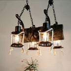 DecorBites™ Nautical Wood Board Black Island Lamp - 4-Light Linear Suspension Lighting with Lantern and Hemp Rope