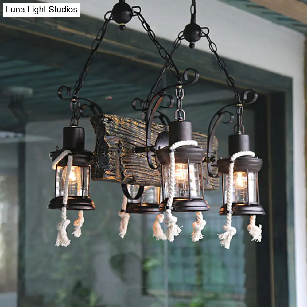 DecorBites™ Nautical Wood Board Black Island Lamp - 4-Light Linear Suspension Lighting with Lantern and Hemp Rope