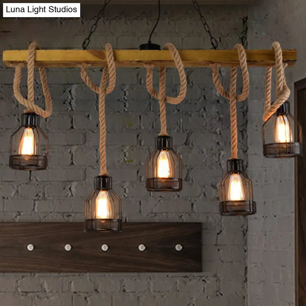 DecorBites™ Rustic 5-Head Wood Dangling Island Pendant Light with Cage – Restaurant Ceiling Fixture
