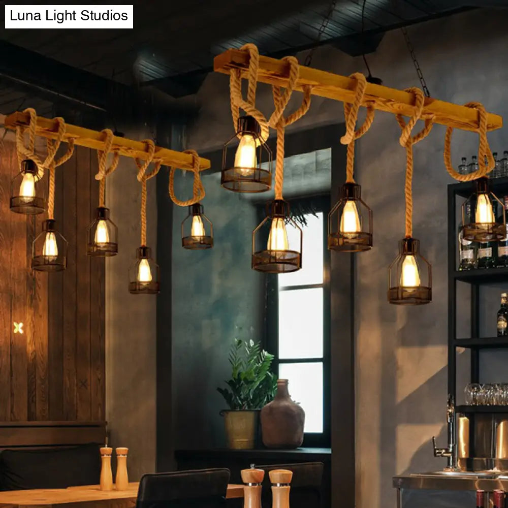 DecorBites™ Rustic 5-Head Wood Dangling Island Pendant Light with Cage – Restaurant Ceiling Fixture