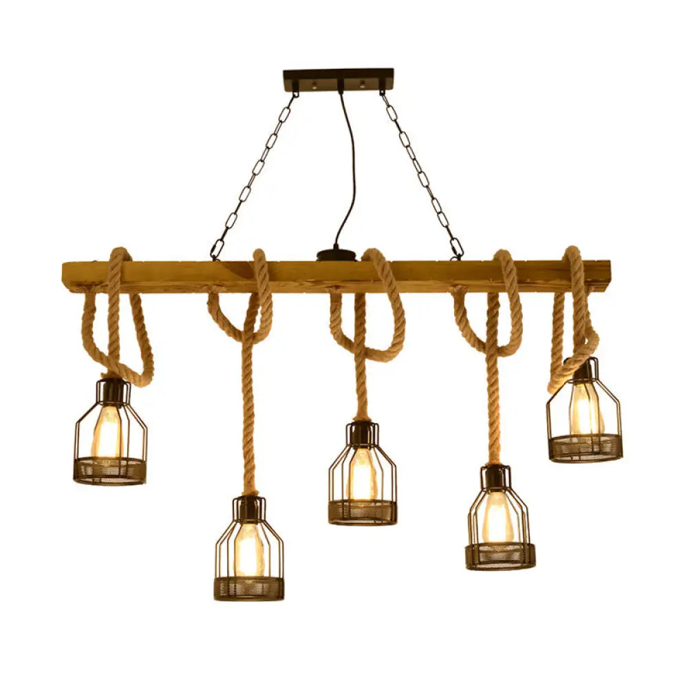 DecorBites™ Rustic 5-Head Wood Dangling Island Pendant Light with Cage – Restaurant Ceiling Fixture