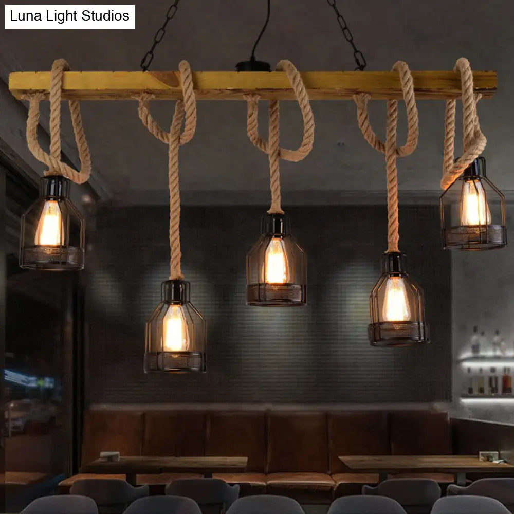 DecorBites™ Rustic 5-Head Wood Dangling Island Pendant Light with Cage – Restaurant Ceiling Fixture