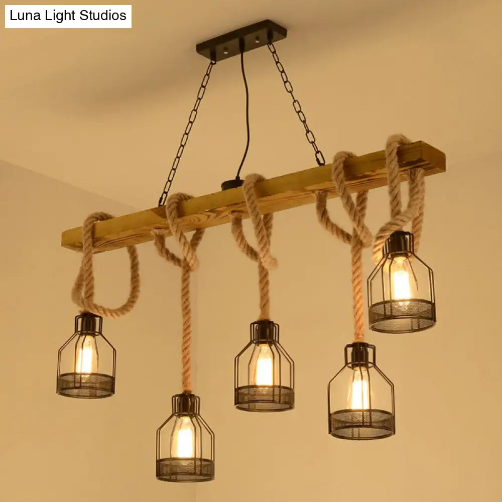 DecorBites™ Rustic 5-Head Wood Dangling Island Pendant Light with Cage – Restaurant Ceiling Fixture