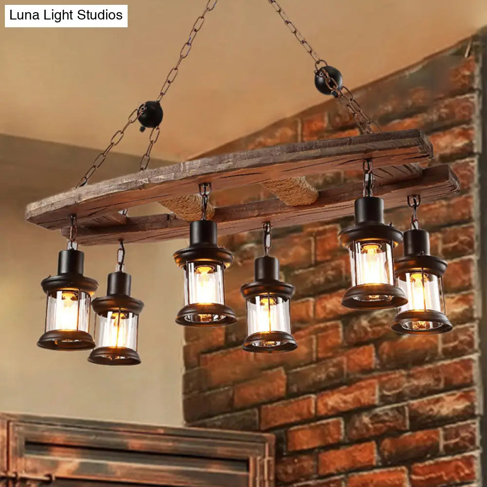 DecorBites™ Rustic 6-Light Pendant Lantern: Clear Glass & Black, with Wooden Board