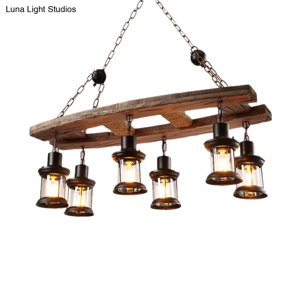 DecorBites™ Rustic 6-Light Pendant Lantern: Clear Glass & Black, with Wooden Board