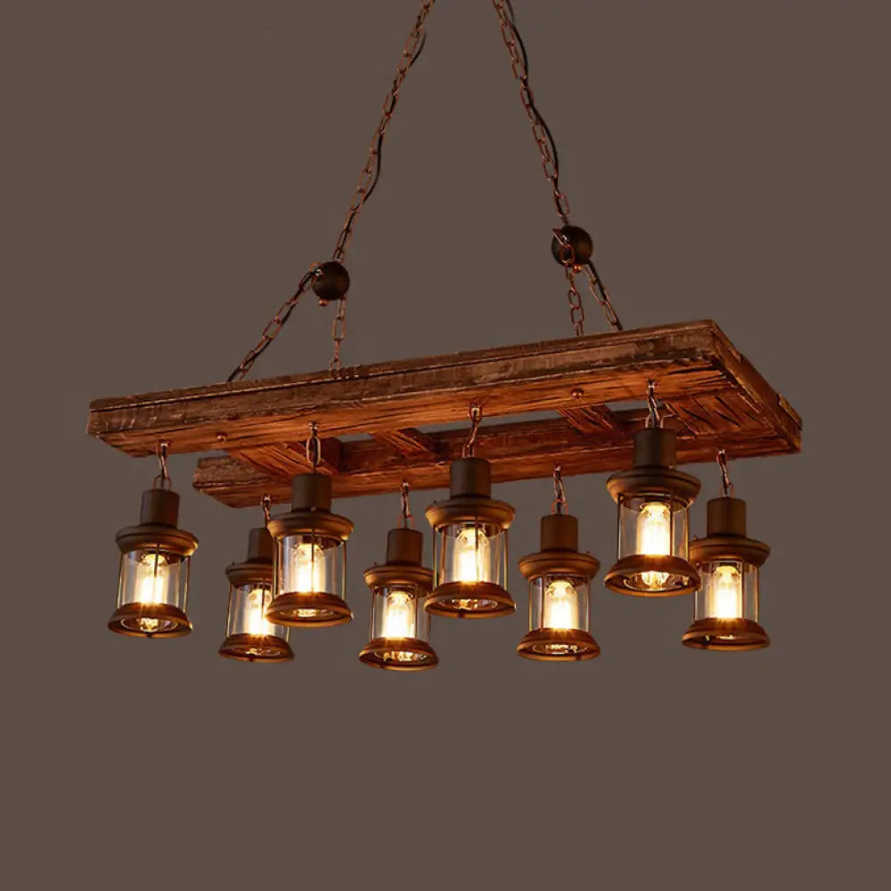 DecorBites™ Rustic 8-LightKitchen Island Pendant Light Fixture - Lantern-style Clear Glass Hanging Lamp in Black with Wood Accents