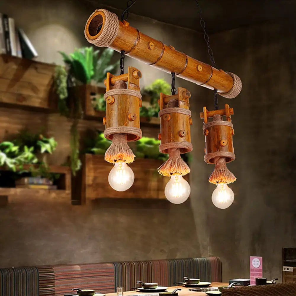 DecorBites™ Rustic Bamboo Island Pendant Light with 3 Open Bulbs for Dining Room Ceiling