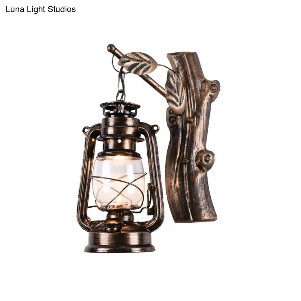 Rustic Black Oil Lantern Wall Sconce - Clear Glass, 1 Head - for Corridor Lighting