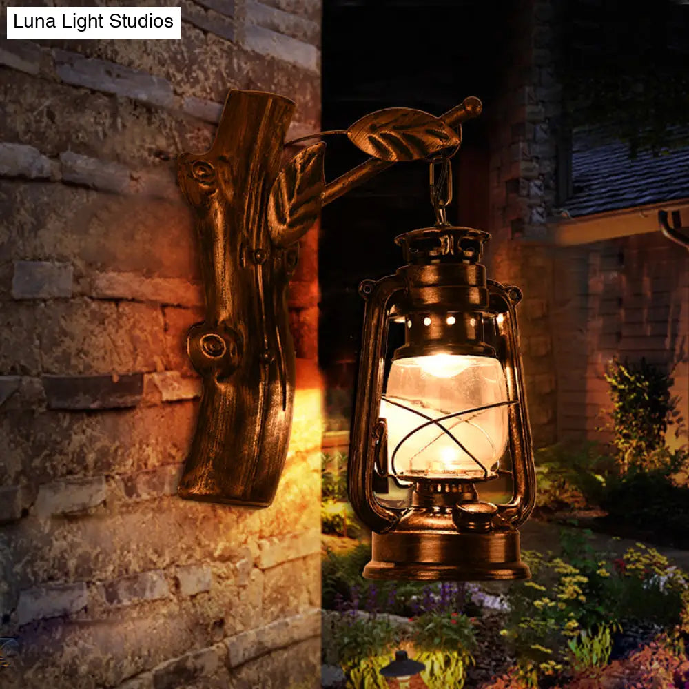 Rustic Black Oil Lantern Wall Sconce - Clear Glass, 1 Head - for Corridor Lighting