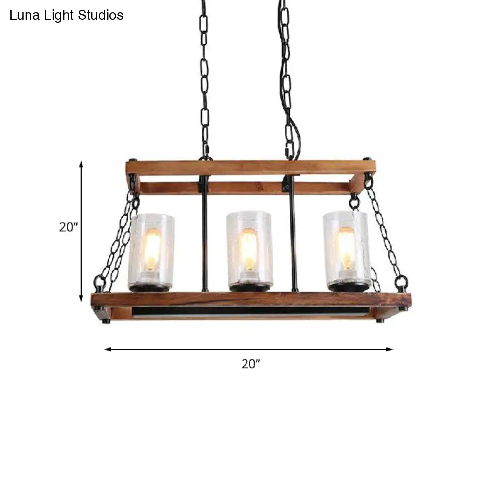 DecorBites™ Rustic Brown Seeded Glass Island Light with 3-Bulb Cylinder Design and Wooden Trapezoid Guard for Living Room
