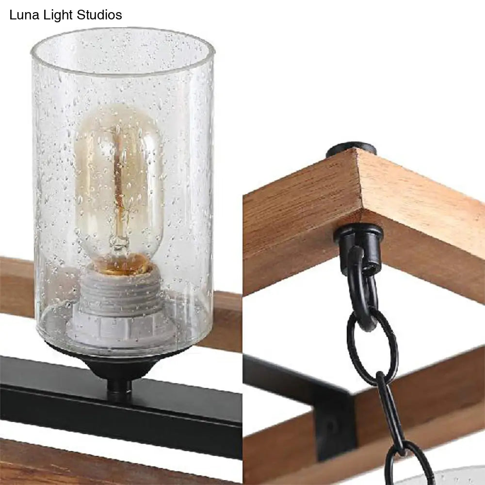 DecorBites™ Rustic Brown Seeded Glass Island Light with 3-Bulb Cylinder Design and Wooden Trapezoid Guard for Living Room