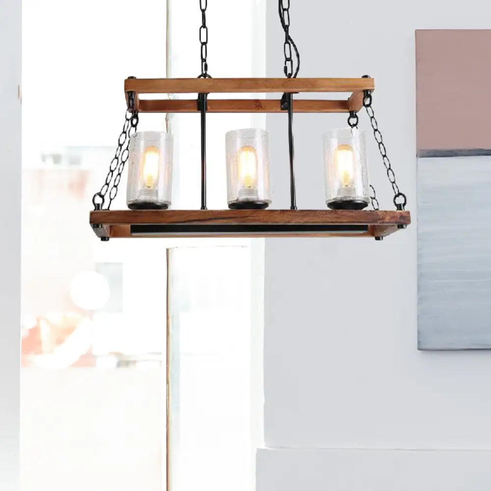 DecorBites™ Rustic Brown Seeded Glass Island Light with 3-Bulb Cylinder Design and Wooden Trapezoid Guard for Living Room