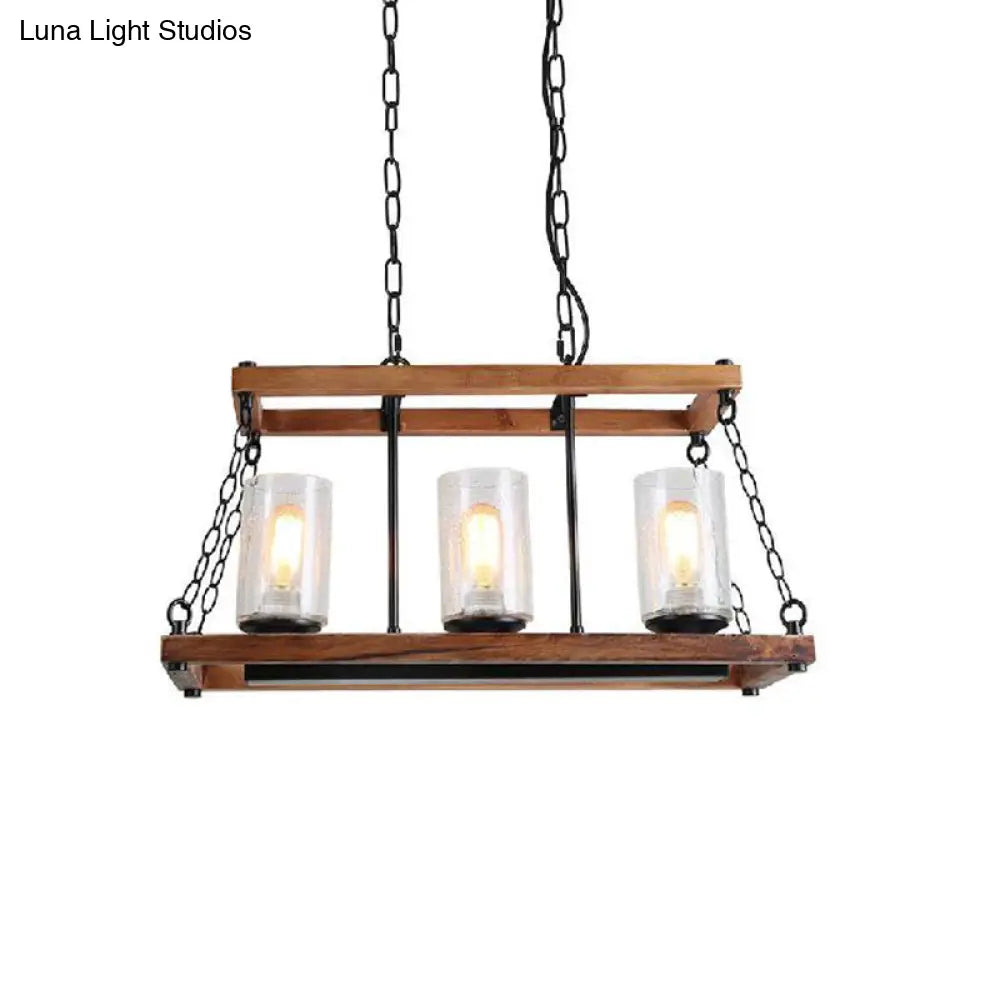 DecorBites™ Rustic Brown Seeded Glass Island Light with 3-Bulb Cylinder Design and Wooden Trapezoid Guard for Living Room
