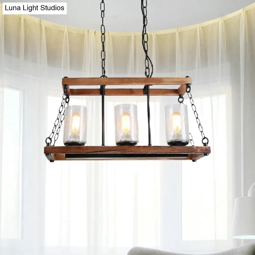 DecorBites™ Rustic Brown Seeded Glass Island Light with 3-Bulb Cylinder Design and Wooden Trapezoid Guard for Living Room