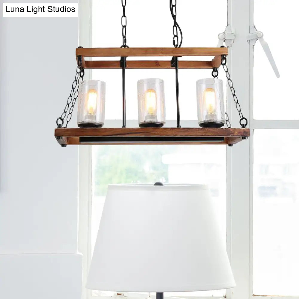 DecorBites™ Rustic Brown Seeded Glass Island Light with 3-Bulb Cylinder Design and Wooden Trapezoid Guard for Living Room