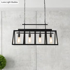 DecorBites™ Rustic Clear Glass Island Pendant Light with Triangular Frame and 4 Black Hanging Lamps for Coffee Shop