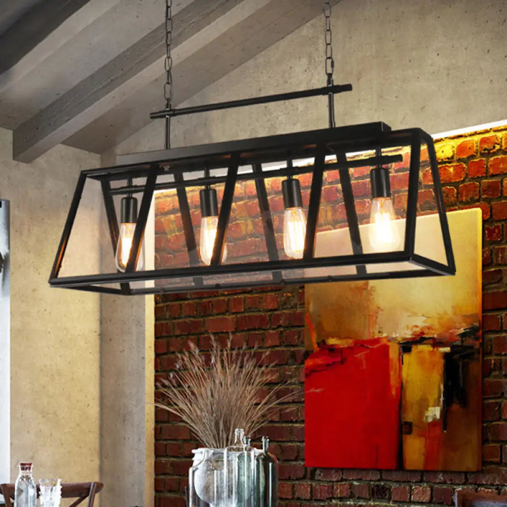 DecorBites™ Rustic Clear Glass Island Pendant Light with Triangular Frame and 4 Black Hanging Lamps for Coffee Shop