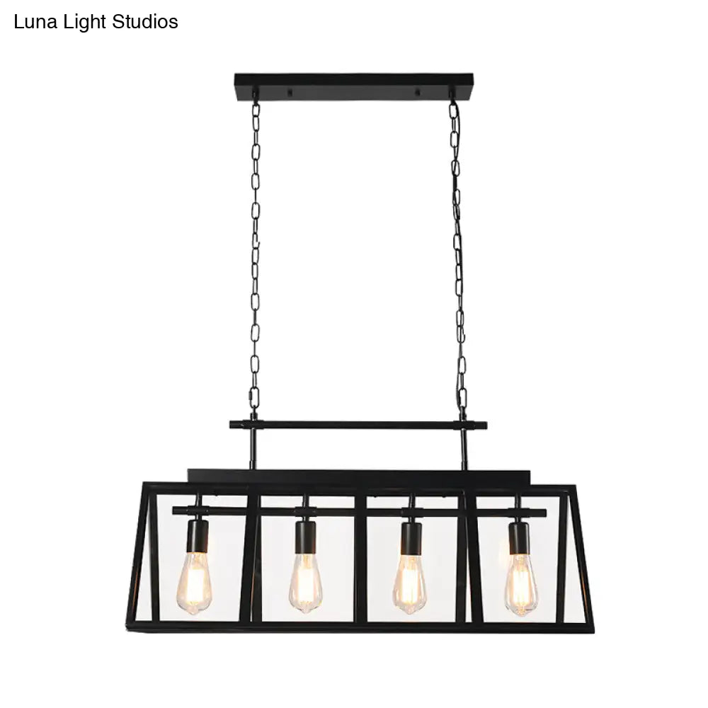 DecorBites™ Rustic Clear Glass Island Pendant Light with Triangular Frame and 4 Black Hanging Lamps for Coffee Shop