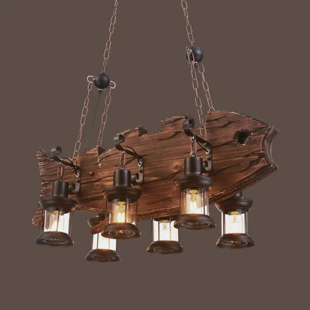 DecorBites™ Rustic Clear Glass Island Pendant Light with Wooden Fish Design - Brown Caged 6-Bulb Hanging Lighting for Dining Room