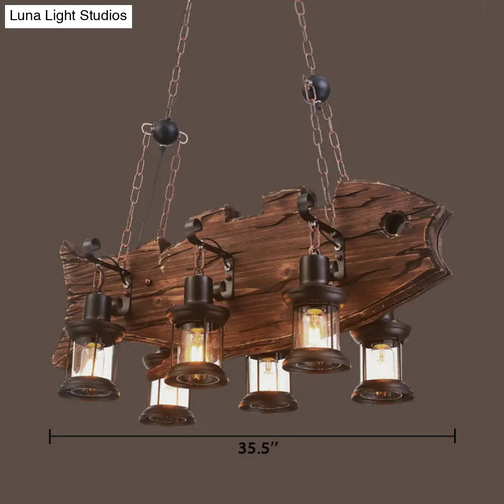 DecorBites™ Rustic Clear Glass Island Pendant Light with Wooden Fish Design - Brown Caged 6-Bulb Hanging Lighting for Dining Room